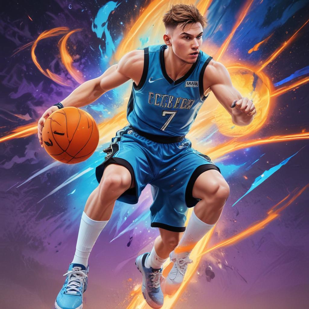 distance-shot, flashy, full-body, dynamic, holographic, animated cartoon poster of luka doncic in the style of dragon ball super