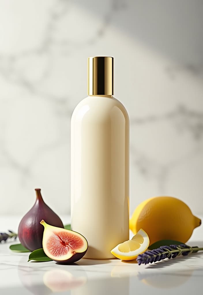  luxury product style (shampoo bottle without logo 1.2) without label 1.2) without labels 1.2)) stands on a white marble background. nearby there are fruits and fig leaves, pieces of sliced lemon and a sprig of lavender . elegant, sophisticated, high end, luxurious, professional, highly detailed hyperrealistic, full body, detailed clothing, highly detailed, cinematic lighting, stunningly beautiful, intricate, sharp focus, f/1. 8, 85mm, (centered image composition), (professionally color graded), ((bright soft diffused light)), volumetric fog, trending on instagram, trending on tumblr, HDR 4K, 8K