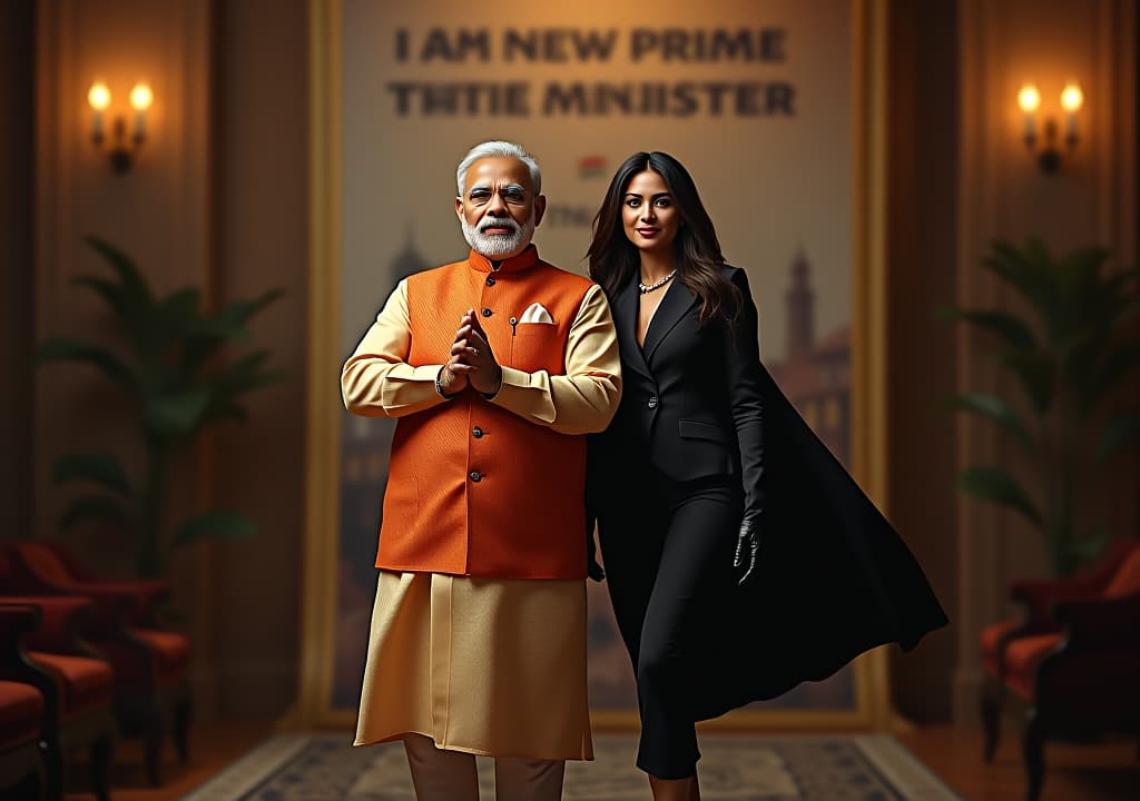  good quality, high quality, bruce wayne in narendra modi’s signature kurta pyjama outfit, posing heroically with a black widow like woman in her sleek black suit. a large banner behind them reads "i am new prime minister of india." they stand in an opulent gotham city mansion, with dramatic lighting casting shadows across the scene.