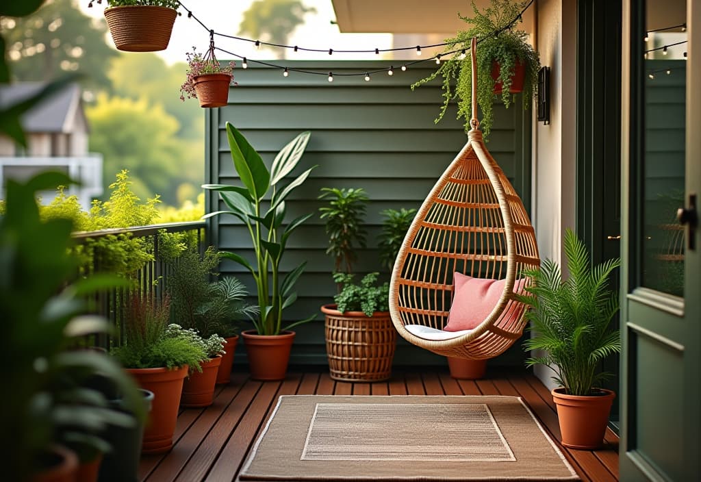  a landscape photo of a rental balcony transformed into a cozy outdoor oasis with potted plants, a hanging chair, and diy privacy screens hyperrealistic, full body, detailed clothing, highly detailed, cinematic lighting, stunningly beautiful, intricate, sharp focus, f/1. 8, 85mm, (centered image composition), (professionally color graded), ((bright soft diffused light)), volumetric fog, trending on instagram, trending on tumblr, HDR 4K, 8K