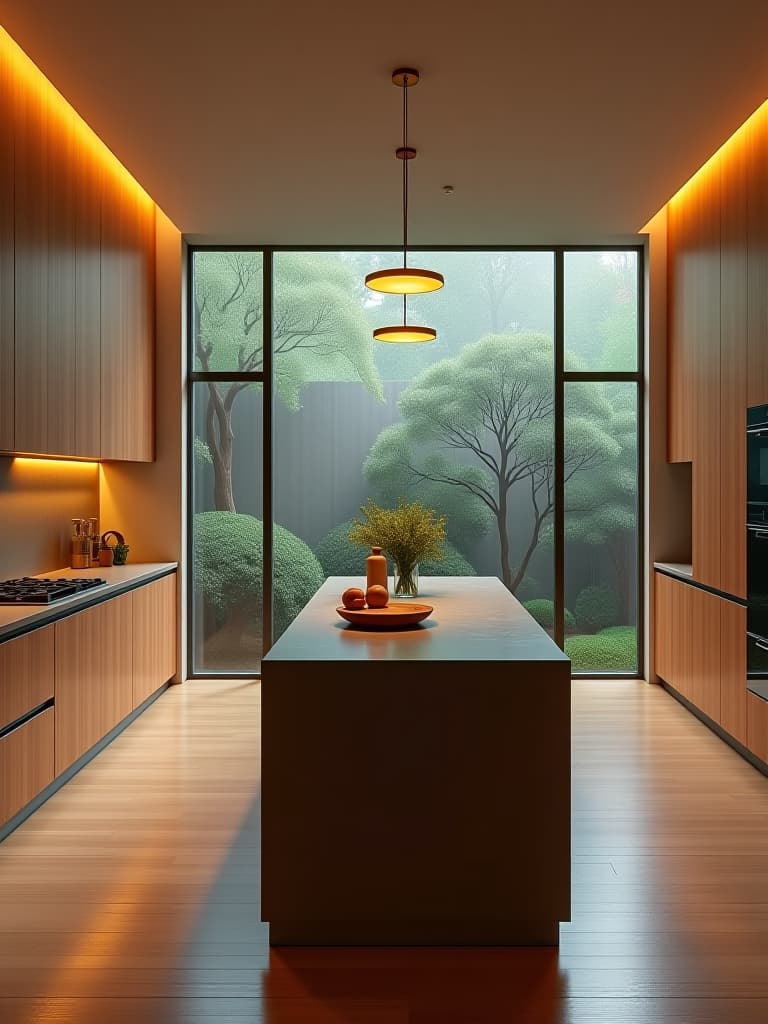  high quality portrait photo of a contemporary kitchen with a central cooking island, floor to ceiling cabinets in warm wood tones, and a glass backsplash with a view of a zen garden hyperrealistic, full body, detailed clothing, highly detailed, cinematic lighting, stunningly beautiful, intricate, sharp focus, f/1. 8, 85mm, (centered image composition), (professionally color graded), ((bright soft diffused light)), volumetric fog, trending on instagram, trending on tumblr, HDR 4K, 8K