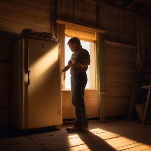 A photo of a repairman inspecting a vintage refrigerator in a rustic barn during early evening with warm, golden sunset light filtering through the weathered wooden walls, casting intricate shadows on the dusty floor.