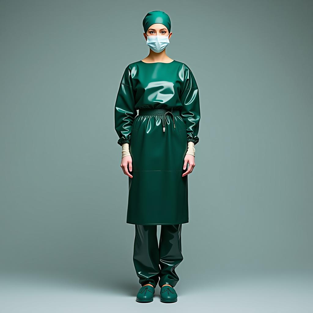  full length, front view, full face, the whole outfit is made of glossy latex, the operating nurse nadezhda is dressed in a knee length surgical gown with long sleeves with cuffs and a belt at the waist, made of glossy latex of dark green color, on her head a surgeon's beret, made of glossy latex of dark green color, on her face a surgical mask, made of glossy latex of dark green color, on her legs trousers, made of glossy latex of dark green color, tucked into high surgical shoe covers, made of glossy latex of dark green color, surgical gloves, made of glossy latex of dark green color