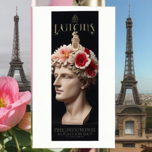 Book cover of book entitled LUDOVIC (in a vogue type font at top of page) a romance novel cult book cover aesthetic, with a collage below the title LUDOVIC featuring : a bacchus head like a Roman statue, a champagne glass, keith baring flower head drawing, and an Eiffel Tower in Mythological style with City background