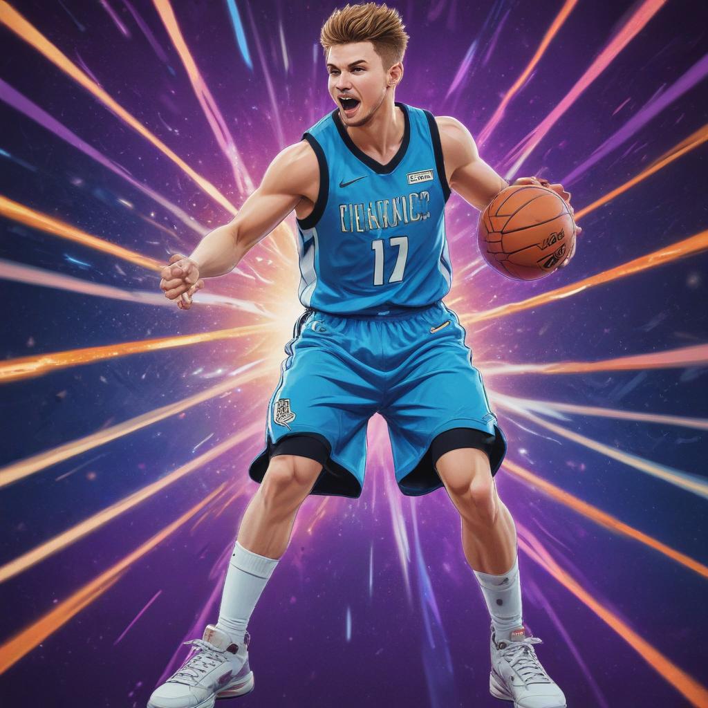 distance-shot, flashy, full-body, dynamic, holographic, animated cartoon poster of luka doncic in the style of dragon ball super