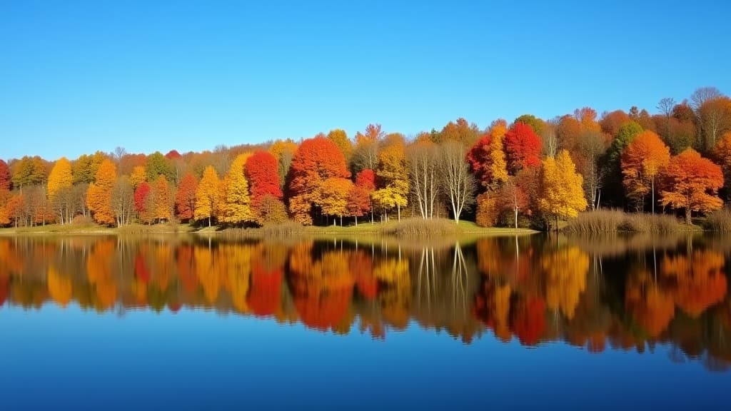  autumn trees reflected in tranquil lake with vibrant fall colors under clear blue sky, autumn, trees, lake