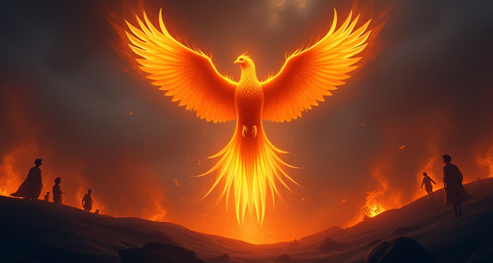  a majestic phoenix rising from flames in a dark landscape, burning brightly as it ascends into the sky. around it, ethereal figures watch in awe. fiery ascension, intense confrontation, overcoming adversity.. the style is digital art illustration,highly detailed, whimsical,magical, dreamlike atmosphere, realism and fantasy blend, smooth, glossy textures,luminous quality, wonder and enchantment.