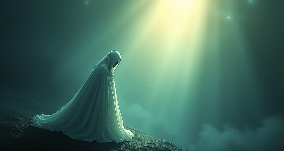  an ethereal being, cloaked in desperation, fading as a radiant light grows stronger nearby. symbolizing thriving that causes despair, contrast of light and shadow.. the style is digital art illustration,highly detailed, whimsical,magical, dreamlike atmosphere, realism and fantasy blend, smooth, glossy textures,luminous quality, wonder and enchantment.