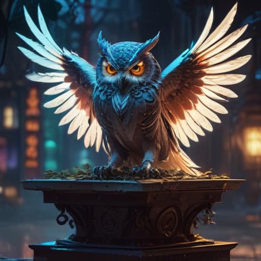 In a futuristic cityscape, a wise and ancient owl with intricate mechanical wings perches atop a glowing crystal platform. The owl's piercing gaze is fixed on a group of mystical creatures, each representing a different element. A soft breeze carries leaves through the air, swirling around the creatures as they prepare to swap positions with one another. The scene is illuminated by the soft glow of neon lights, casting a surreal and magical atmosphere over the digital art piece. fantastical creatures or characters inspired by mythology, folklore, or popular culture. use vibrant colors, sharp lines, intricate details, dynamic poses, dramatic lighting, atmospheric backgrounds, and blend anime, manga, and Western comic influences.