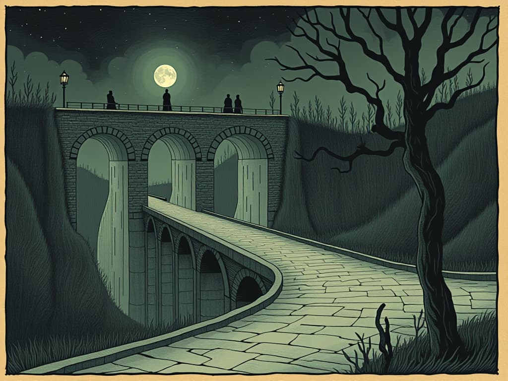  bridges built of spectral bricks, ethereal toll booths with ghostly figures, labyrinthine roads, surreal and nightmarish landscape, sense of entrapment. an illustration in the style of a worn, mystical old tarot trump card, mysterious and elements of surrealism. the colors are muted, somber and eerie, but with contrast bring out an occult and esoteric vibe.