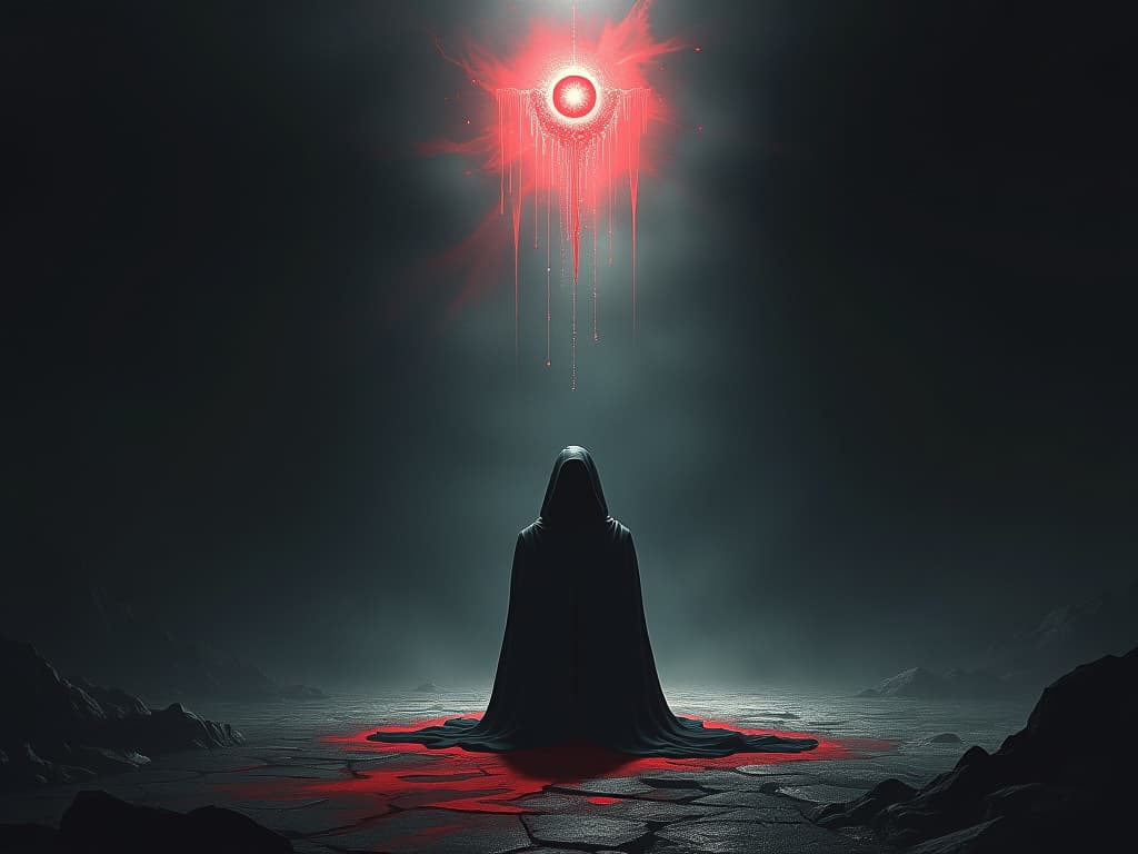  a desolate figure kneeling in a spotlight, surrounded by a void of darkness, chains of realization breaking, ethereal light illuminating the scene. the style is dark fantasy and mysterious occult, symbolic, moody lighting, esoteric vibe,high detail on character design. for the color scheme emphasize blacks and reds.