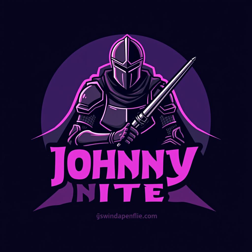  design a logo, in a geometric style. knight with a gaming mic graffiti purple and black, with the text 'johnny nite'.