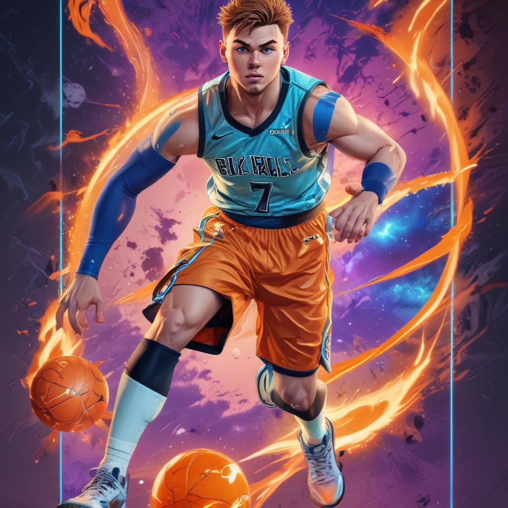 distance-shot, flashy, full-body, dynamic, holographic, animated cartoon poster of luka doncic in the style of dragon ball super