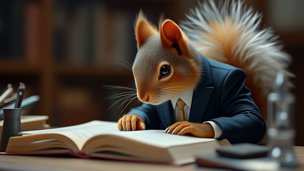  a focused squirrel in a well fitted suit is seen carefully reading a book at a desk, symbolizing study and diligence., high quality, high details, hd, perfect composition, 4k epic detailed, highly detailed, sharp focus, high resolution