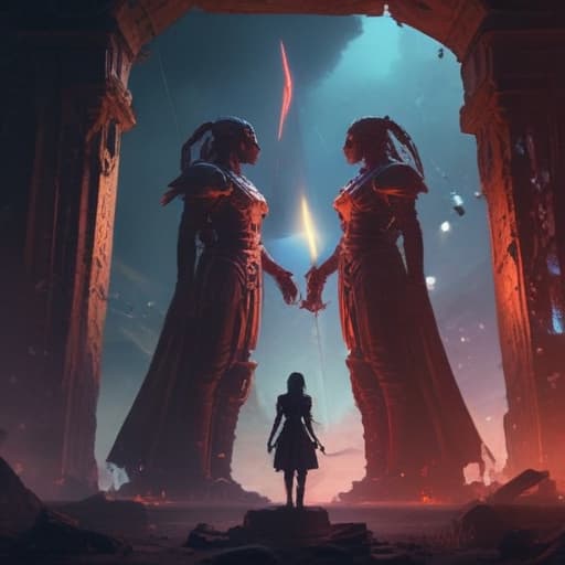 In a futuristic cityscape, a towering monument of ancient ruins rises from the ground, surrounded by glowing neon lights. Two imposing figures, both adorned in ancient armor and wielding intricate swords, stand guard at the entrance of the ruins. The sky above is a swirling vortex of light and energy, crackling with power. As they stand vigilant, a mystical energy flows between the two figures, forming a powerful bond. The air is charged with anticipation as they prepare to unleash their combined might on any who dare to challenge them. fantastical creatures or characters inspired by mythology, folklore, or popular culture. use vibrant colors, sharp lines, intricate details, dynamic poses, dramatic lighting, atmospheric backgrounds, and ble