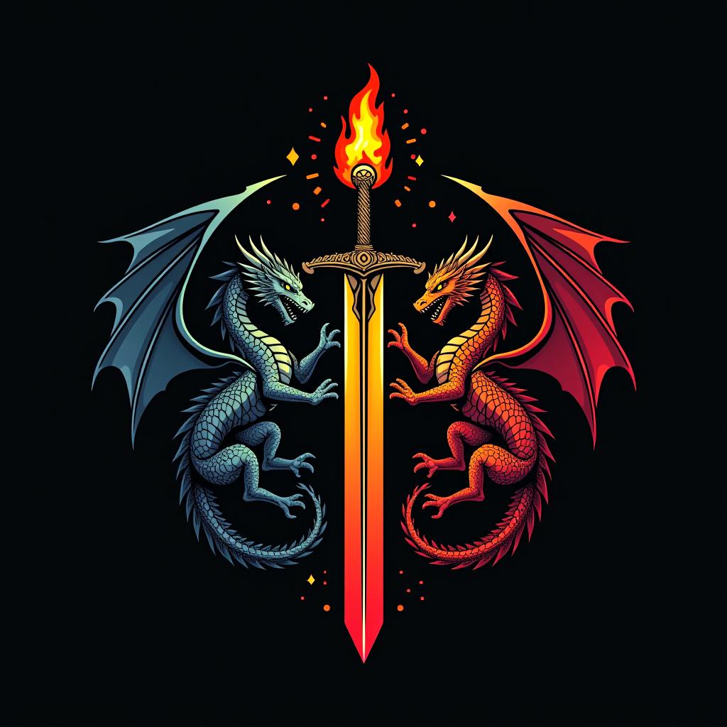  design a logo, custom sticker design on an isolated black background decorated by mythical dragons and a flaming sword