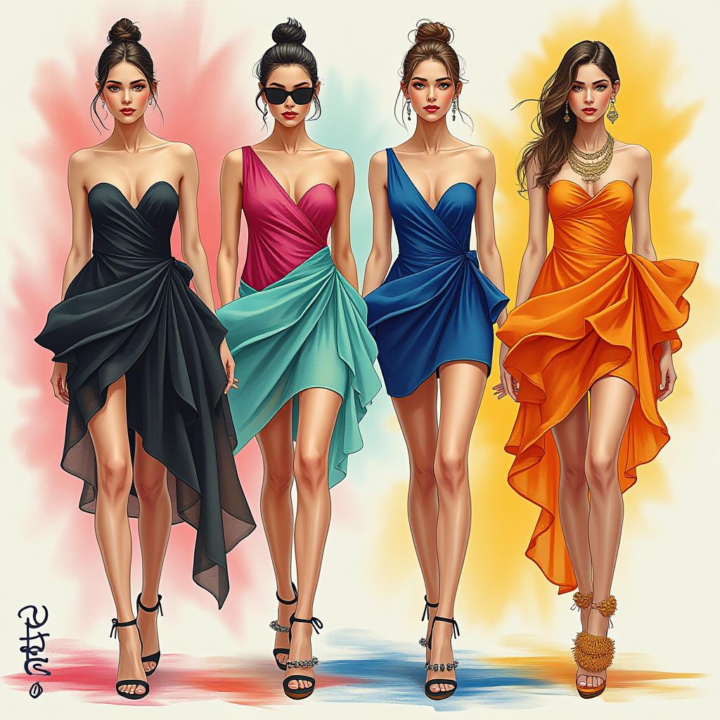  fashion illustration of women wearing asymmetrical colorful short dresses with backgrounds and tulle in different poses, award winning, professional, highly detailed, masterpiece