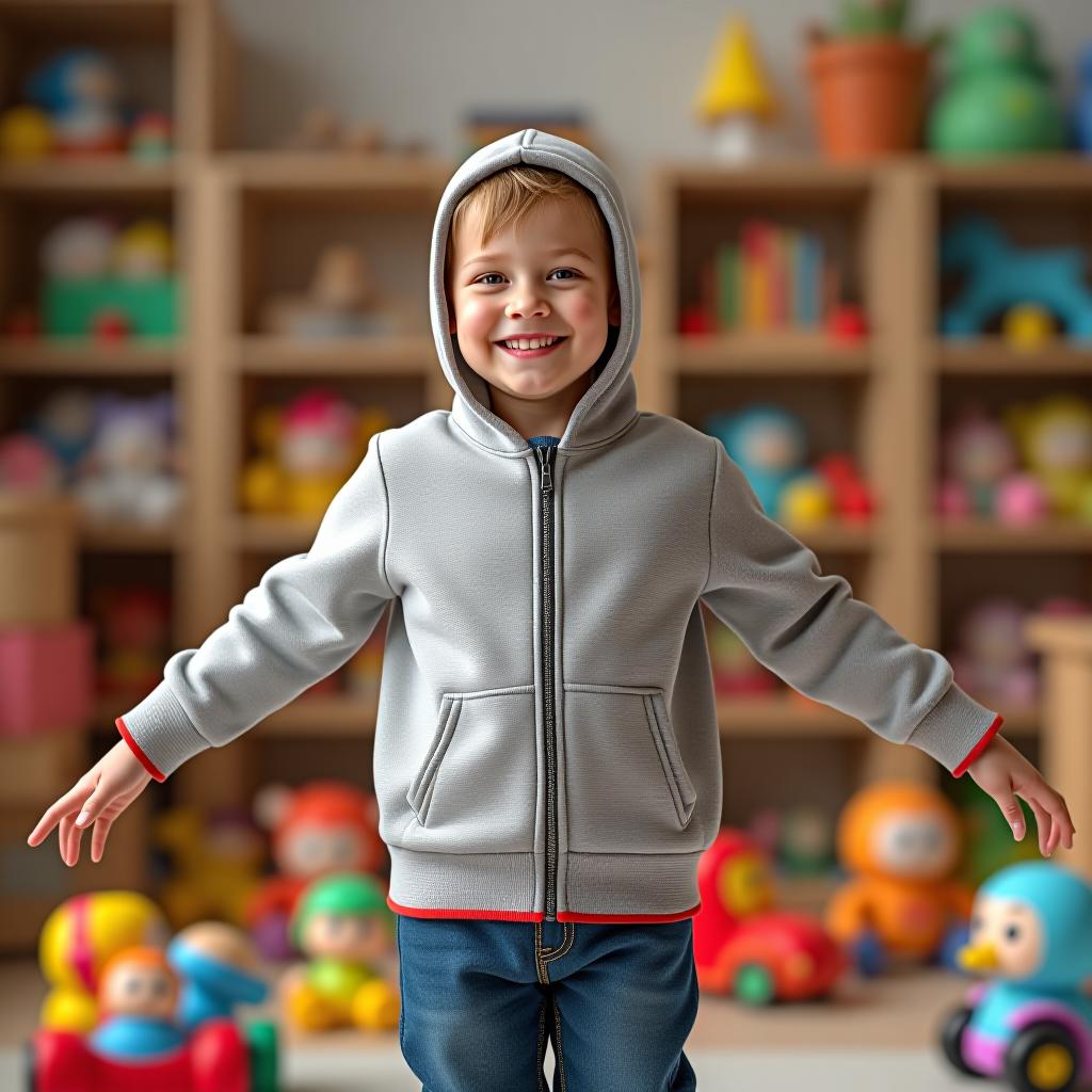  create a high quality image of a wearing a slim fit, long sleeve hooded jacket made from fleece, featuring a graphic design with colors light grey (rgb 235, 230, 230) and bright red (rgb 247, 2, 2), standing with arms slightly stretched out in a room full of toys, capturing the full body.