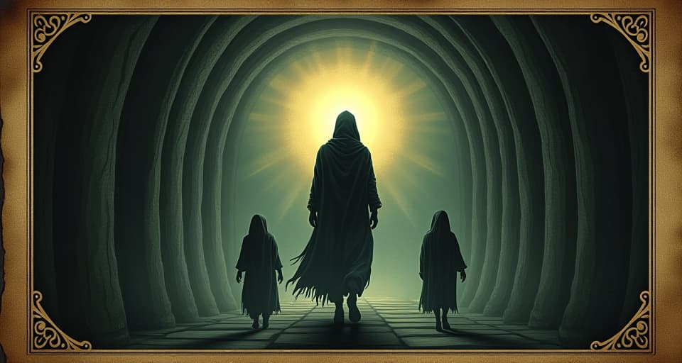  figure with a glowing aura, guiding light through a dark tunnel, beacon of hope, accompanying shadowy figures, supportive atmosphere. an illustration in the style of a worn, mystical old tarot trump card, mysterious and elements of surrealism. the colors are muted, somber and eerie, but with contrast bring out an occult and esoteric vibe.