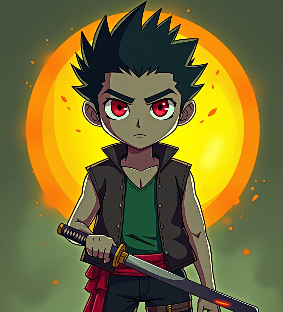  a cartoony human with short spikey black hair, red eyes and greyish skin wearing a sleeveless leather vest with a green undershirt holding a katana with a blade made of magma santing in front of a yellow and green blackground