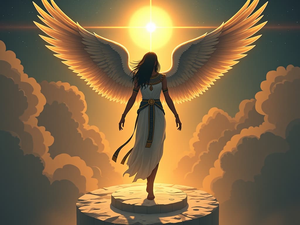  an angelic figure ascending into the skies, earth below covered in ripples of light, mood of enduring love and kindness. the style is digital art illustration / modern comic book / mysterious occult, symbolic, esoteric vibe,high detail on character design, incorporating ancient egyptian symbology and attire.