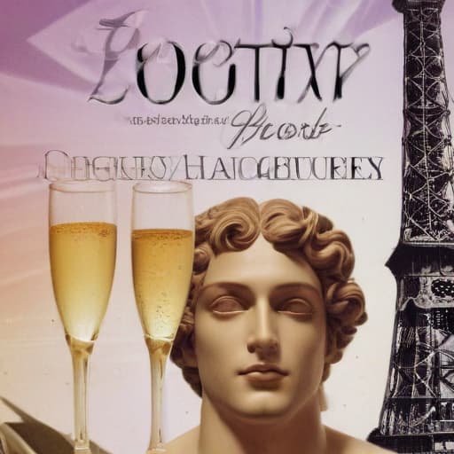 Book cover of book entitled LUDOVIC (in a vogue type font at top of page) a romance novel cult book cover aesthetic, with a collage below the title LUDOVIC featuring : a bacchus head like a Roman statue, a champagne glass, keith baring flower head drawing, and an Eiffel Tower in Cinematic style with Gradient background