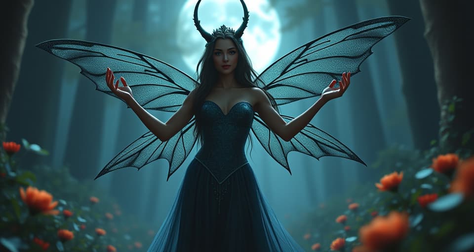  a beautiful fairy queen with shimmering, dark wings, wielding her power with a graceful, commanding presence, standing in a moonlit enchanted garden.. the style is digital art illustration,highly detailed, whimsical,magical, dreamlike atmosphere, realism and fantasy blend, smooth, glossy textures,luminous quality, wonder and enchantment.