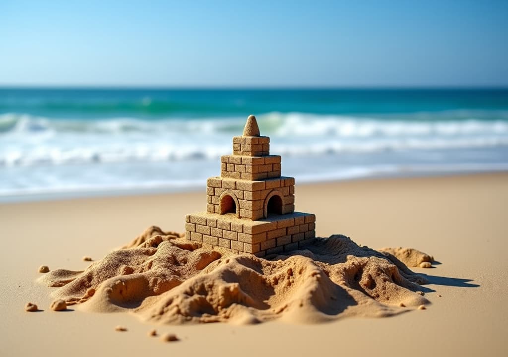  sandcastle on the shore with waves and blue sky