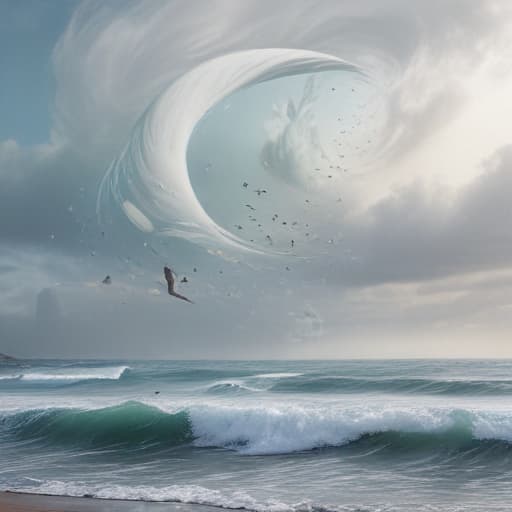 Creation nature sea sky birds animal human with a white swirl mist in it in Surrealist style