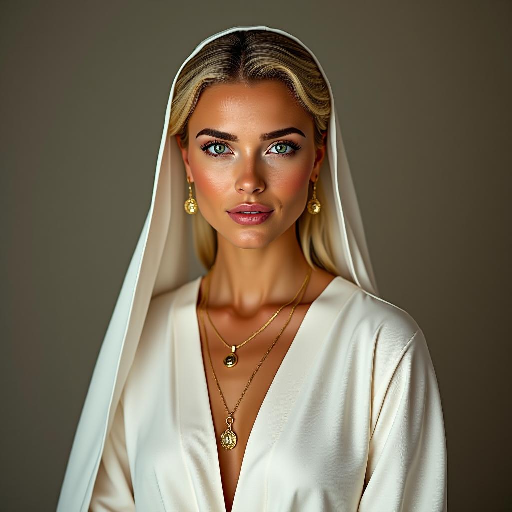  make an image of a blonde woman with tan olive skin and green eyes dressed in a white abaya with gold jewelry