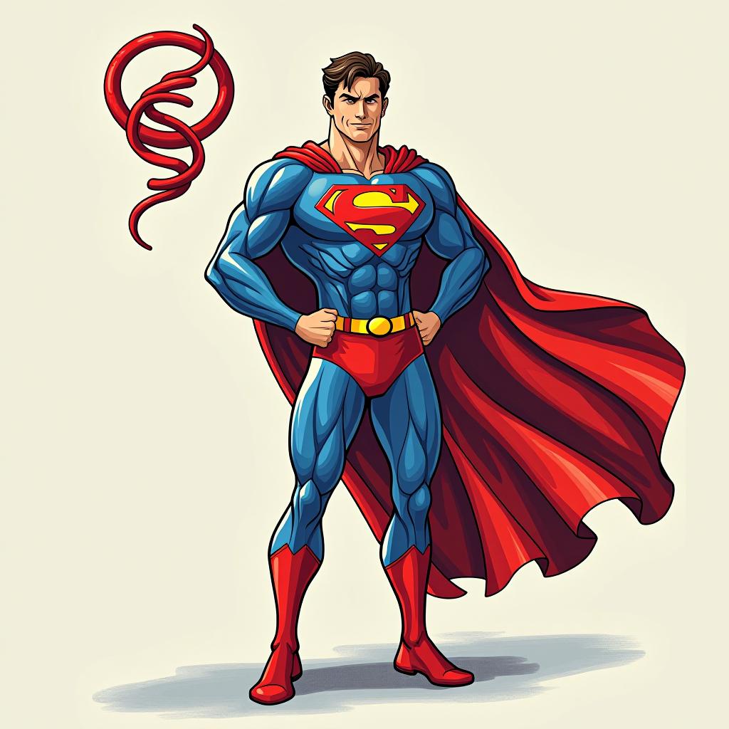  draw a superhero for the bio molecule for, protien, draw the main symbol to be and alpha helix, and color the outfit red and blue, with a cape, and its powers are strength and wound healing, put a cape, award winning, professional, highly detailed, masterpiece