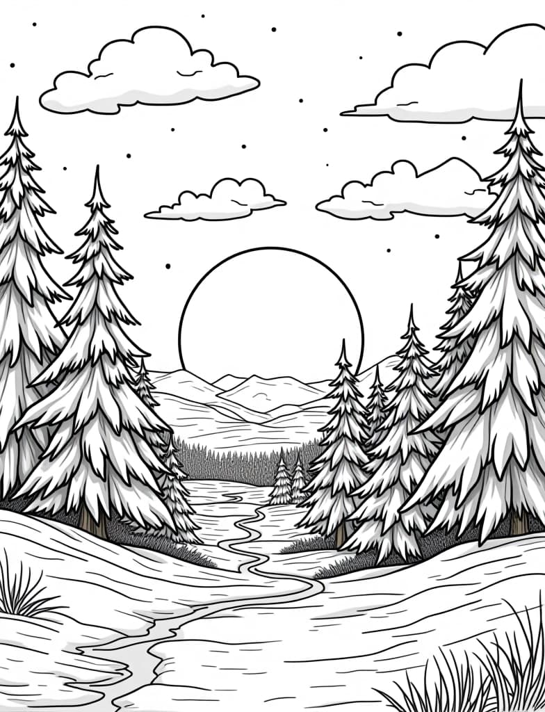  this is for an adult coloring page. a detailed black and white line art of a snowy winter sunrise over a snow covered landscape on a solid white background.