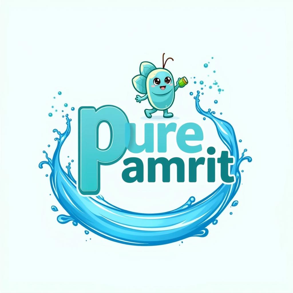  create a vibrant logo for a mineral water brand named 'pure amrit.' the logo should feature the text 'pure amrit' in an indian anime style font. include the letters 'pu' prominently, with a small, cute anime character above it, representing hydration or refreshment. the character should be holding a water bottle or enjoying a drink. use a color palette of blues and greens to evoke freshness, with bright accents. the background should be transparent., high quality, high details, hd, perfect composition, 4k epic detailed, highly detailed, sharp focus, high resolution