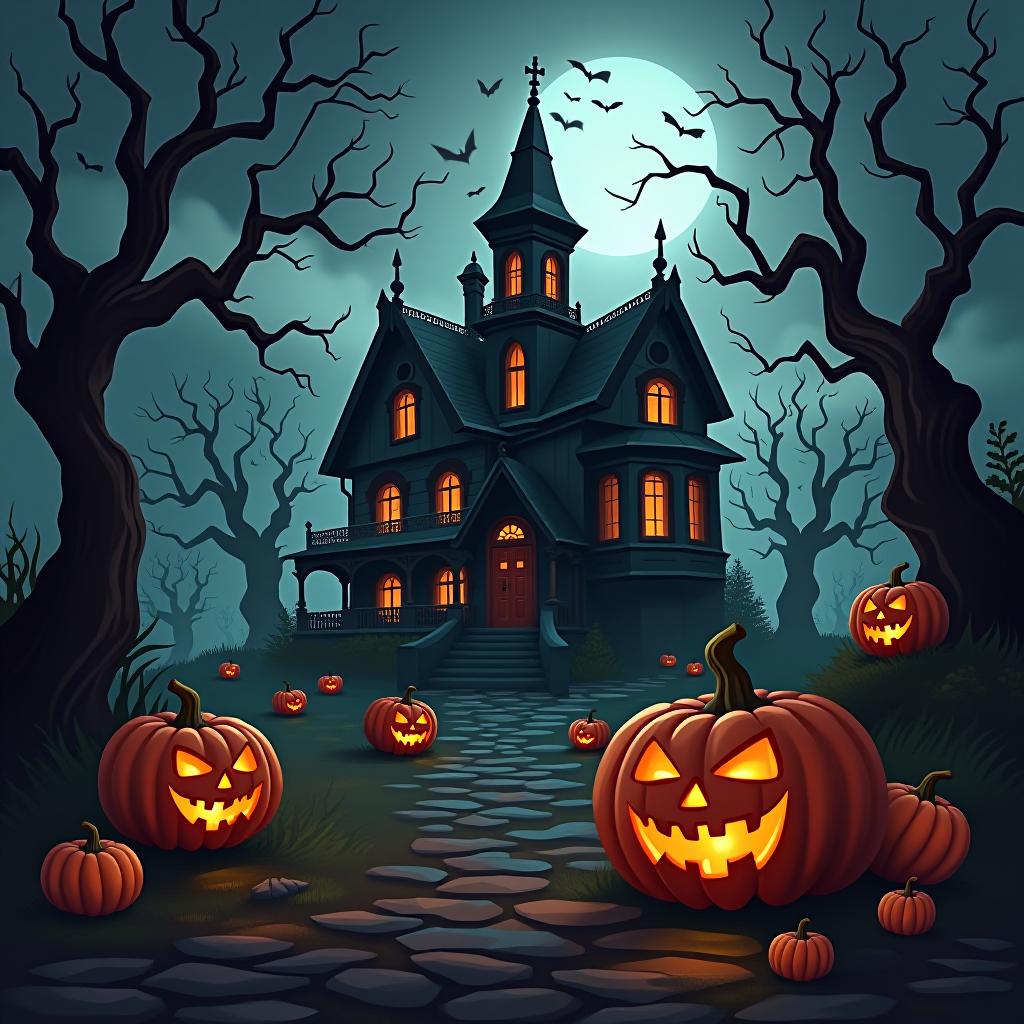  create a seamless digital painting of a spooky, halloween themed scene featuring a haunted house with gothic architecture. the house should be surrounded by twisted, gnarled trees and a multitude of jack o' lanterns. the scene should include a dark, cloudy sky to enhance the eerie atmosphere. the overall style should be detailed and atmospheric, capturing the essence of a haunted, creepy environment perfect for halloween, ensuring the design is seamless for use in repeating patterns or wraps.