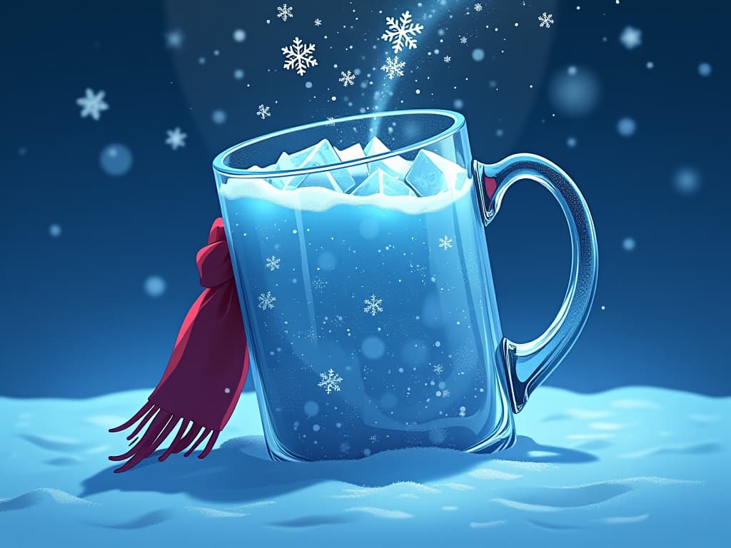  a fantasy style tilted glass mug featuring winter theme with snow in it. all the contents of the glass are pouring like water. details. colorful with brilliant blue background. suspended in space. sparkling and beautiful snowflakes like a wreath. a red scarf is wrapped around the handle of the glass. pieces of ice in glass. cartoon. studio ghibli anime. 1:1 size for profile. firooze hyperrealistic, full body, detailed clothing, highly detailed, cinematic lighting, stunningly beautiful, intricate, sharp focus, f/1. 8, 85mm, (centered image composition), (professionally color graded), ((bright soft diffused light)), volumetric fog, trending on instagram, trending on tumblr, HDR 4K, 8K