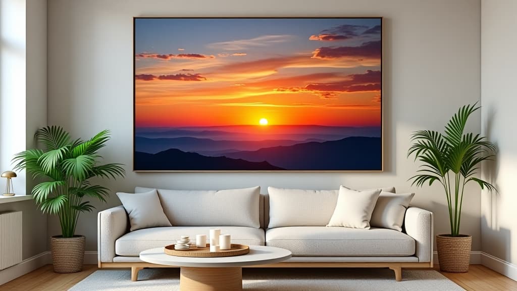  a large painting of a sunset hangs on a wall in a room