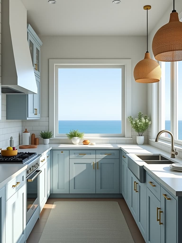  high quality portrait photo of a bright and airy coastal kitchen with pale blue cabinets, white quartz countertops, a subway tile backsplash, woven pendant lights, and a large picture window overlooking the ocean hyperrealistic, full body, detailed clothing, highly detailed, cinematic lighting, stunningly beautiful, intricate, sharp focus, f/1. 8, 85mm, (centered image composition), (professionally color graded), ((bright soft diffused light)), volumetric fog, trending on instagram, trending on tumblr, HDR 4K, 8K