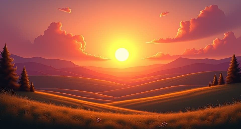  a golden sunset over a tranquil valley, sky ablaze with hues of orange and pink. atmospheric warmth, serene transition.. the style is digital art illustration,highly detailed, whimsical,magical, dreamlike atmosphere, realism and fantasy blend, smooth, glossy textures,luminous quality, wonder and enchantment.