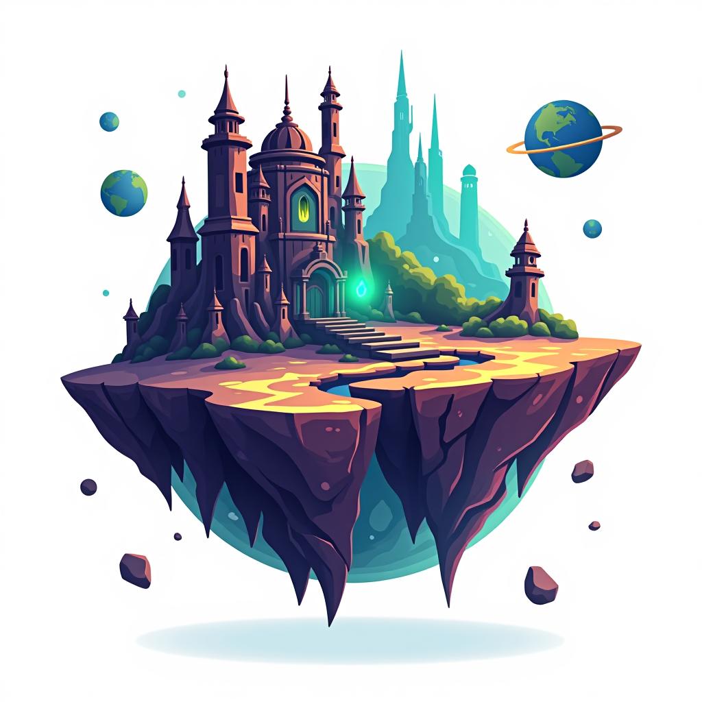  white background. left side: a simple vector graphic showing a hyper realistic alien planet's front view, featuring mysterious structures, bioluminescent patches, and sections of the planet split into floating fragments with glowing edges. unique architectural forms, and floating planetary fragments. elements adding a dynamic, otherworldly feel. cartoon and disney style.