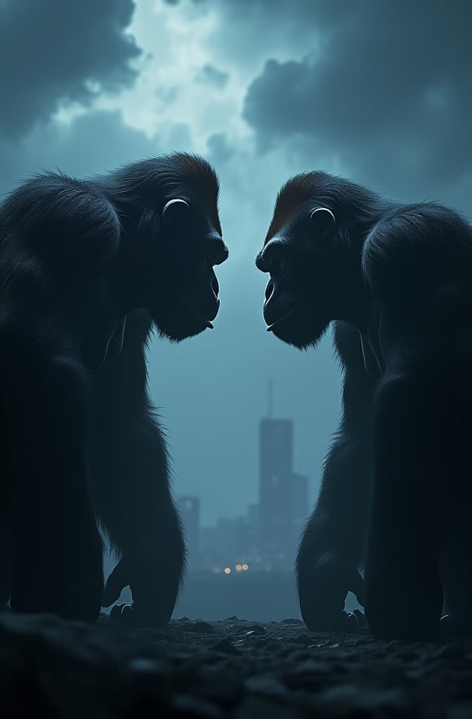  a cinematic and ominous scene featuring two gorilla brothers standing on opposite sides of the frame, facing each other with intense, hostile stares. the tension between them is palpable, as if they are moments away from clashing. their powerful, muscular forms are poised in a threatening stance, with each brother ready to confront the other. the atmosphere is heavy with suspense, enhanced by dark, shadowy lighting that adds a layer of mystery and drama. the composition captures the gravity of their impending showdown, making it an ideal setup for a dramatic and epic movie poster.", night clouds, above city, atmospheric lighting, octane render a fantasy digital painting by james gurney, trending on artstation, hyperrealistic, realistic, pho hyperrealistic, full body, detailed clothing, highly detailed, cinematic lighting, stunningly beautiful, intricate, sharp focus, f/1. 8, 85mm, (centered image composition), (professionally color graded), ((bright soft diffused light)), volumetric fog, trending on instagram, trending on tumblr, HDR 4K, 8K