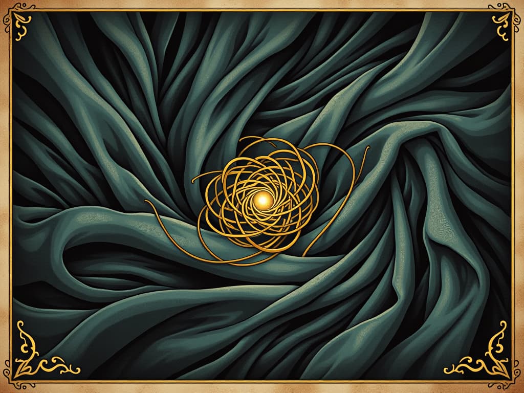  a golden thread weaving through a dark, intricate fabric, symbolizing resilience and purpose, delicate, purposeful, intricate. an illustration in the style of a worn, mystical old tarot trump card, mysterious and elements of surrealism. the colors are muted, somber and eerie, but with contrast bring out an occult and esoteric vibe.