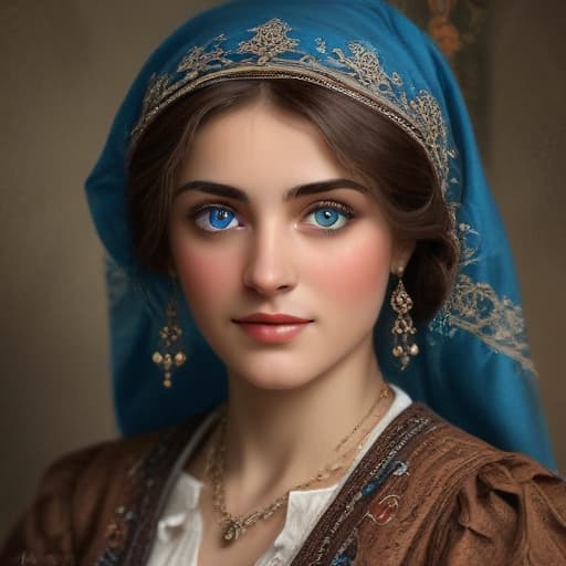 realistic style, Turkish woman with blue eyes and brown hair, early 20th century, she is a woman from high society in Çarşaf