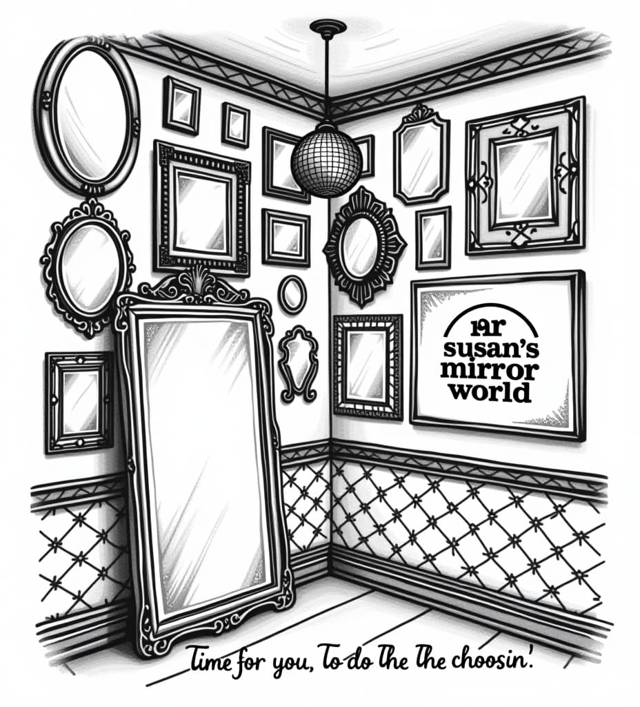  t shirt design . a black on white vector illustration, showing the corner of a room. on the walls are many mirrors in all many shapes and sizes some square, circle, rectangle, oval, some ornate and fancy, some modern style, and a full length floor mirror. a small disco ball hanging from the ceiling, and a second disco ball slightly lower. distressed sketch. large sign logo on the wall that says "mr susan’s mirror world" and on the bottom, tagline that says " time for you, to do the choosin' "