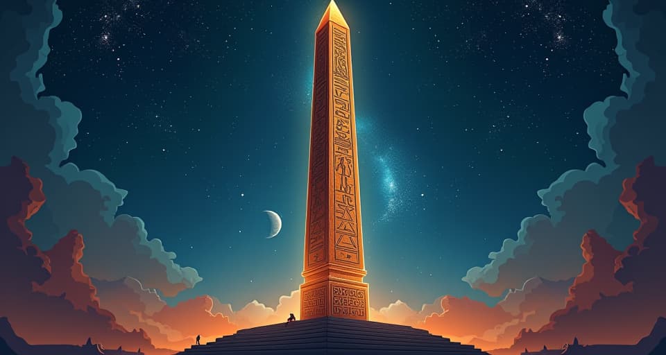  a majestic obelisk, inscribed with hieroglyphs, standing tall against a backdrop of a starry sky, symbolizing empowerment and eternal shine. the style is digital art illustration / modern comic book / mysterious occult, symbolic, esoteric vibe,high detail on character design, incorporating ancient egyptian symbology and attire.