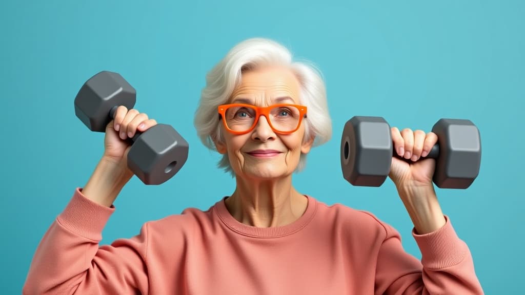  an elderly woman with white hair and orange glasses is lifting weights, symbolizing strength and healthy lifestyle choices for seniors. the background is light blue.