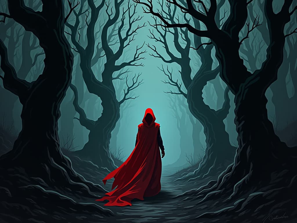  spectral figure in a red hood, drifting in a dark forest, trees twisted and gnarled, sense of haunting avoidance. the style is digital art illustration / modern comic book / graphic dark novel fantasy and mysterious occult, symbolic, moody lighting, esoteric vibe,high detail on character design. for the color scheme emphasize blacks and reds.