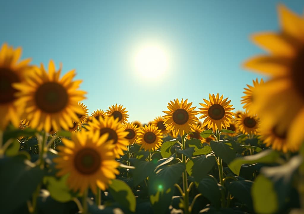  a vibrant field of golden sunflowers reaching towards a radiant sun, with ethereal light illuminating their petals, surrounded by a tranquil blue sky and a gentle breeze, evoking a sense of spiritual awakening and wisdom. hyperrealistic, full body, detailed clothing, highly detailed, cinematic lighting, stunningly beautiful, intricate, sharp focus, f/1. 8, 85mm, (centered image composition), (professionally color graded), ((bright soft diffused light)), volumetric fog, trending on instagram, trending on tumblr, HDR 4K, 8K