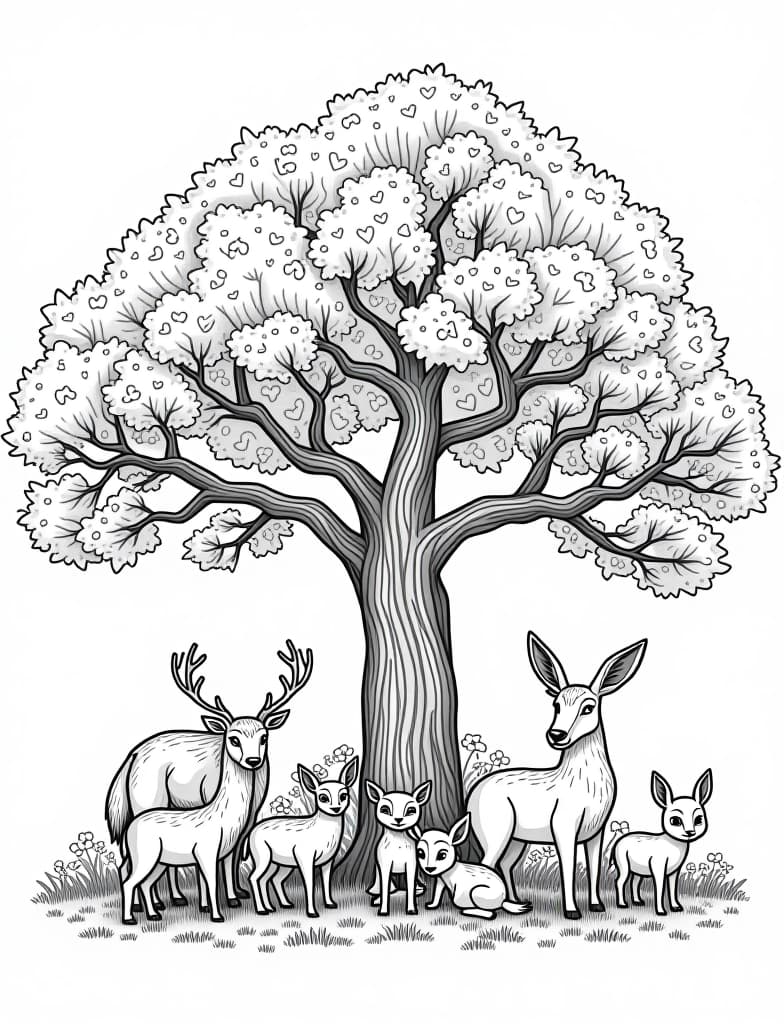  a gathering of woodland animals under a large oak tree, black and white line art on a white background, for an adult coloring page.