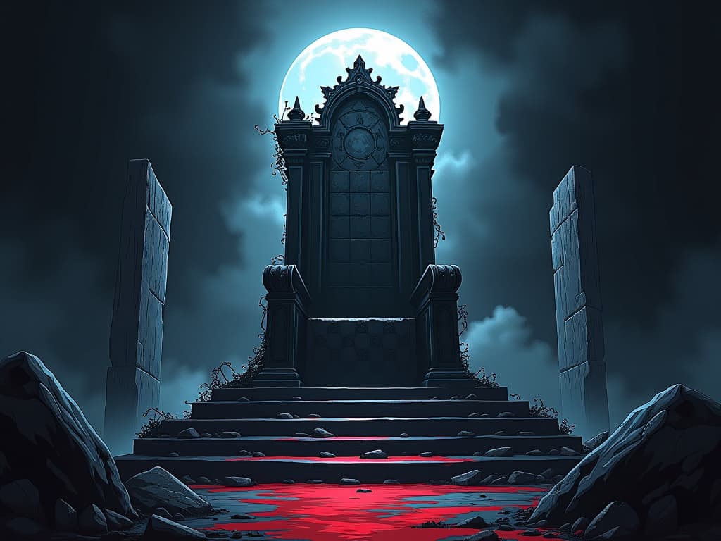  ancient stone throne, crumbling, overgrown with dark ivy, moonlight casting eerie shadows, symbol of lost respect. the style is digital art illustration / modern comic book / graphic dark novel fantasy and mysterious occult, symbolic, moody lighting, esoteric vibe,high detail on character design. for the color scheme emphasize blacks and reds.