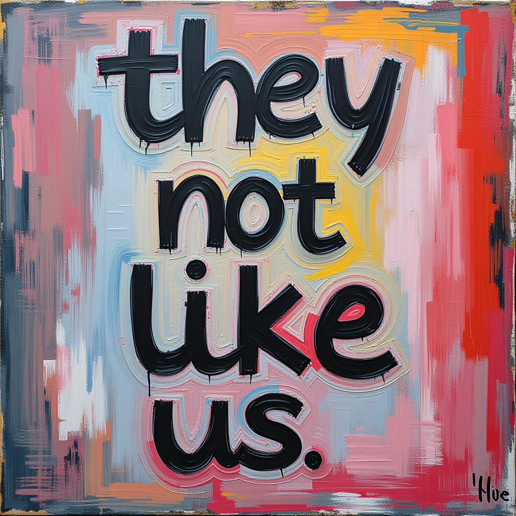  a stylish and creative painting of a text that says "they not like us".